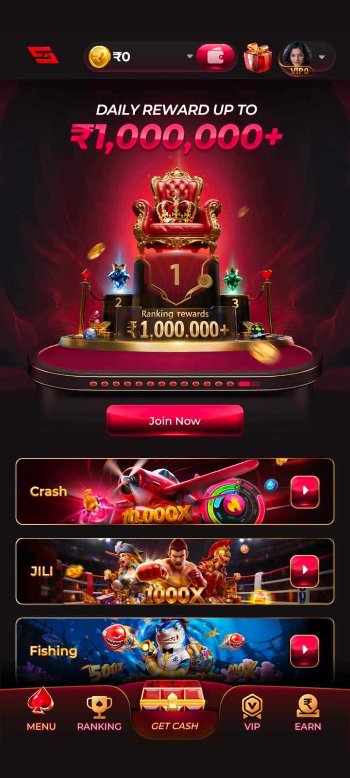 S7 home screen showing daily reward and game categories like Crash, JILI, and Fishing
