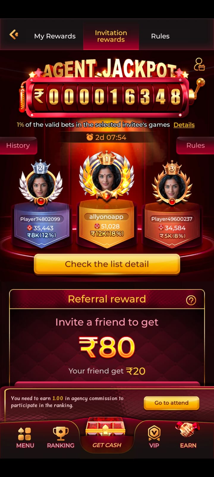Agent Jackpot and referral rewards screen on IS7