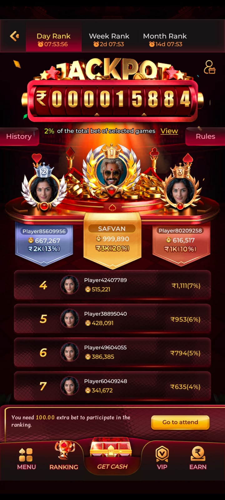 Day, week, and month jackpot leaderboard ranking screen