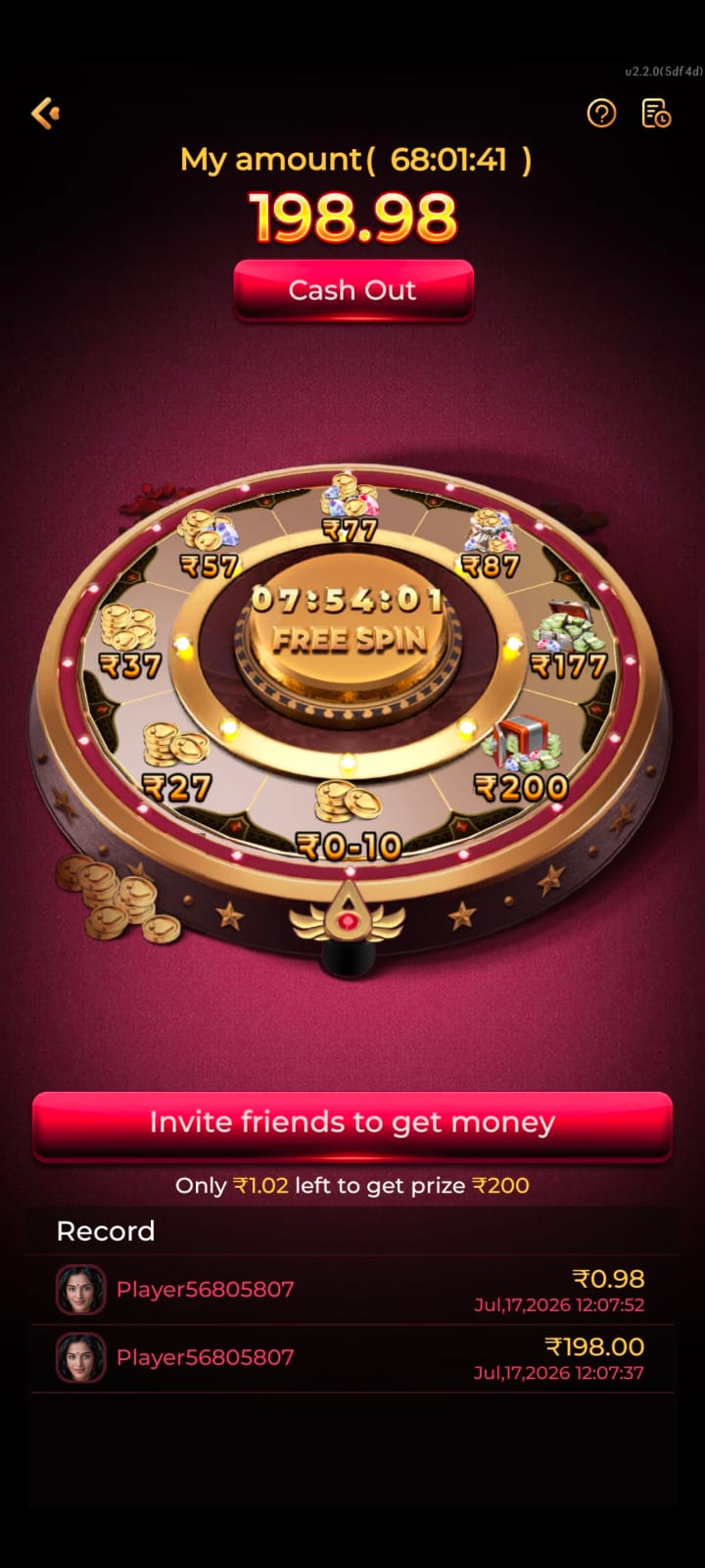 S7 spin wheel screen showing cash-out prize amounts